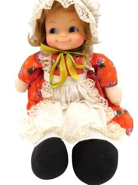 Vintage Horsman Cloth Doll  Lace Bonnet & Floral Dress Made in Taiwan 11"